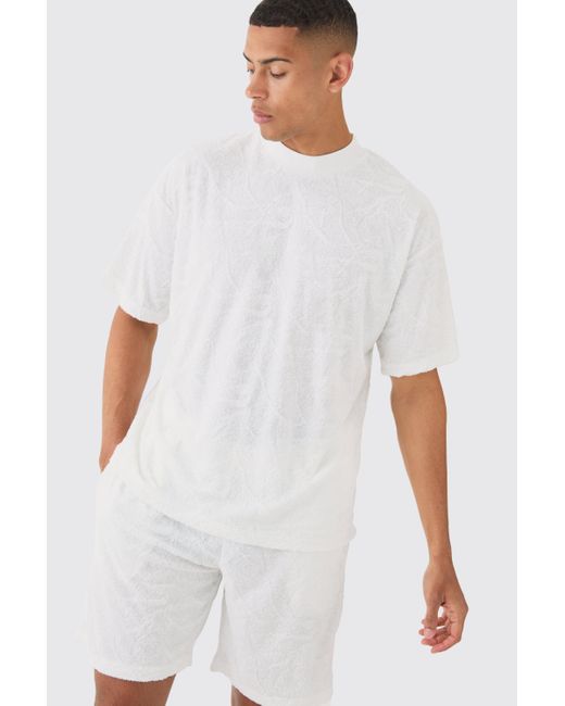 BoohooMAN White Oversized Burnout Towelling Jacquard T-shirt & Short Set for men