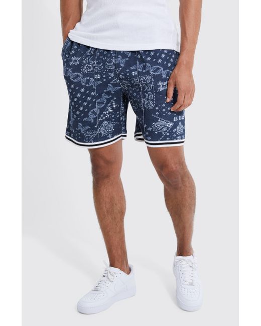 Boohoo Blue Loose Bandana Print Basketball Jersey Short for men