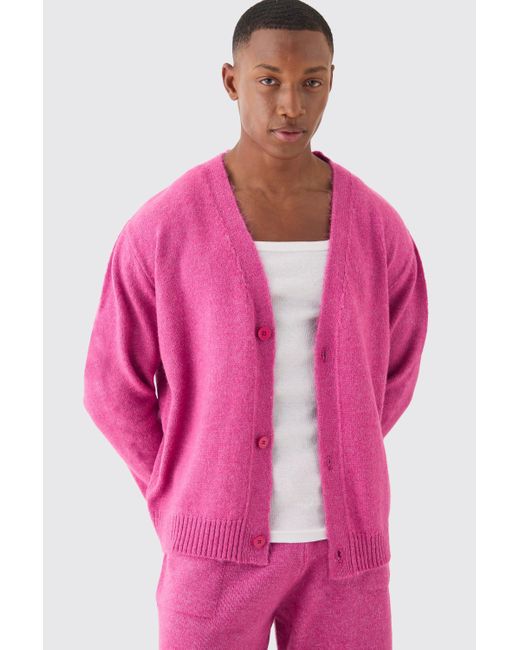 BoohooMAN Boxy Brushed Knit Cardigan In Dark Pink for men