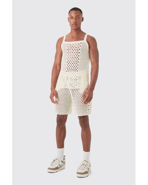 BoohooMAN White Muscle Fit Knitted Tank Short Set for men