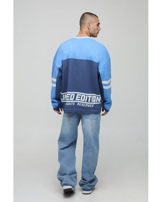 BoohooMAN Blue Flame Varsity Jacquard Knitted Long Sleeve Hockey Top for men