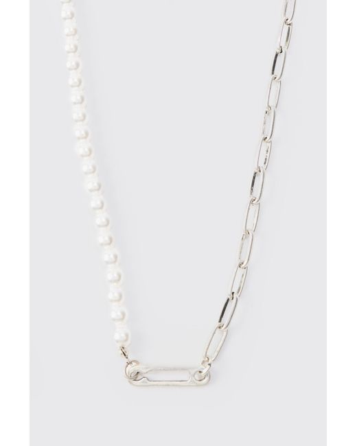 BoohooMAN Pearl & Chain Necklace In Silver in White für Herren