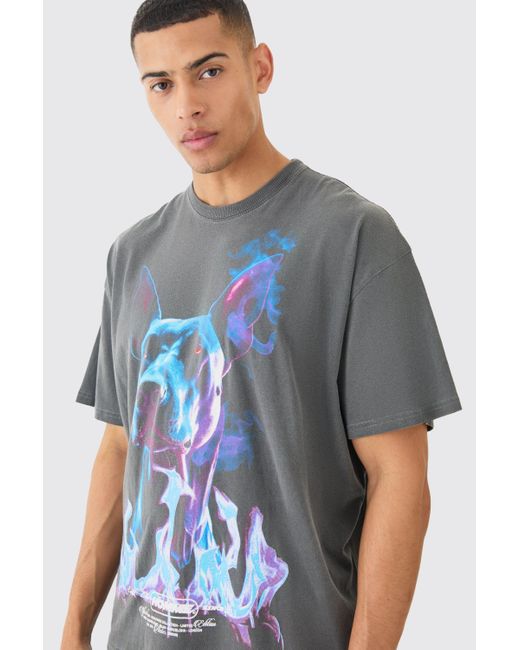 BoohooMAN Oversized Extended Neck Dog Graphic Wash T-shirt in Blue für Herren