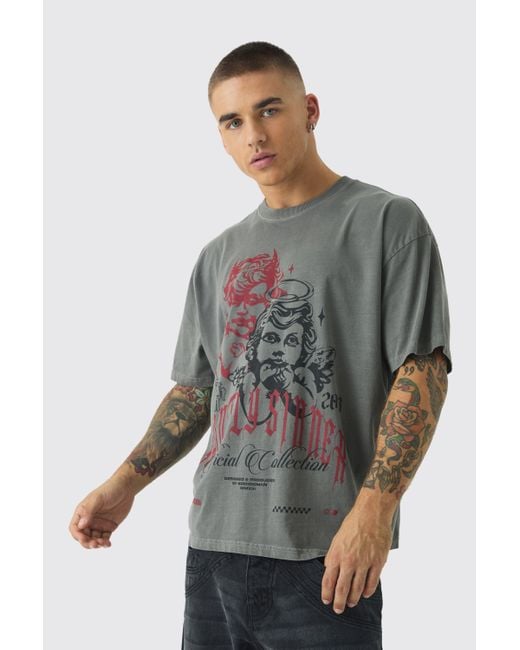 BoohooMAN Gray Oversized Boxy Cherub Print Washed Raw Hem T-Shirt for men