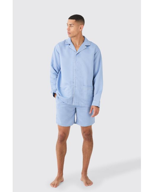 BoohooMAN Blue Satin Piping Shirt & Lounge Short Set for men