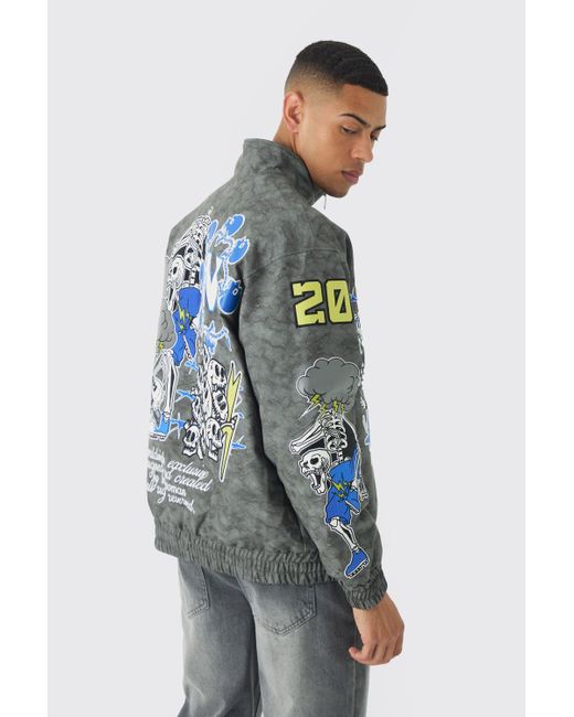 BoohooMAN Blue Oversized Graphic Badge Washed Pu Bomber Jacket In Charcoal for men