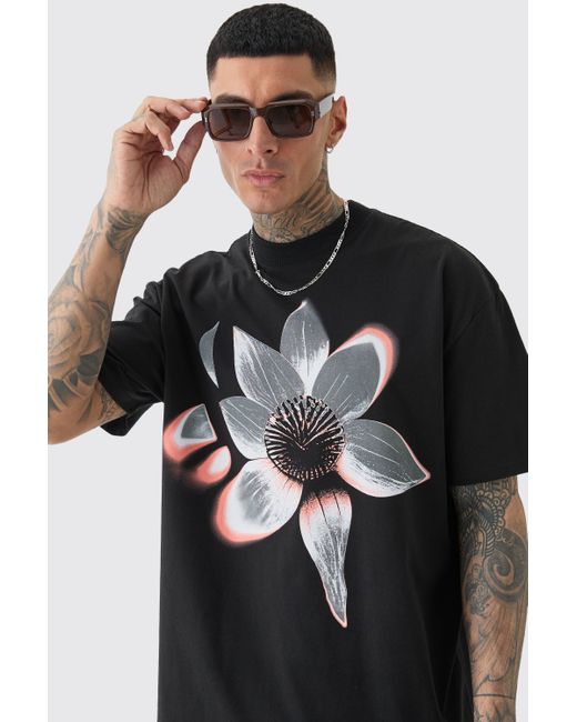 BoohooMAN Tall Oversized Extended Neck Abstract Floral Print T-shirt in Black für Herren