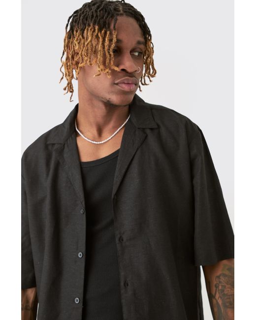 BoohooMAN Tall Linen Drop Revere Shirt In Black for men