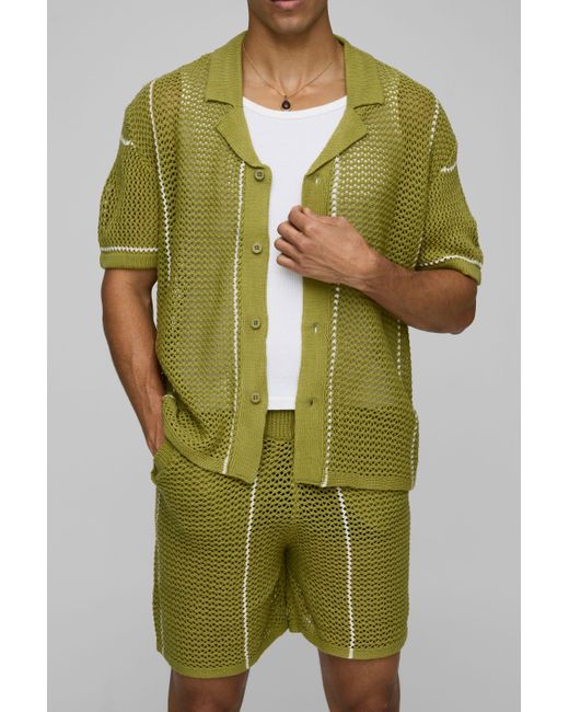 Conjunto De Pantalón Corto Recto De Punto Calado Con Solapas Y Estampado De Rayas Boohoo de color Green