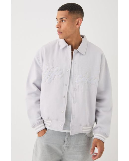 BoohooMAN Gray Oversized Boxy Jersey Varsity Jacket for men