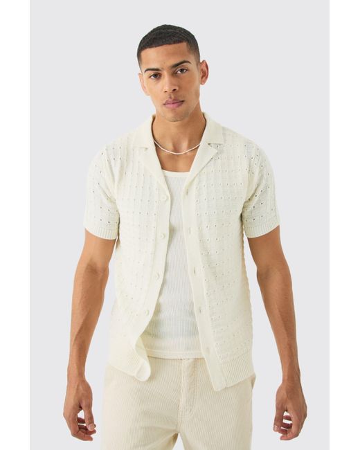 BoohooMAN White Open Stitch Button Down Knitted Shirt In Cream for men