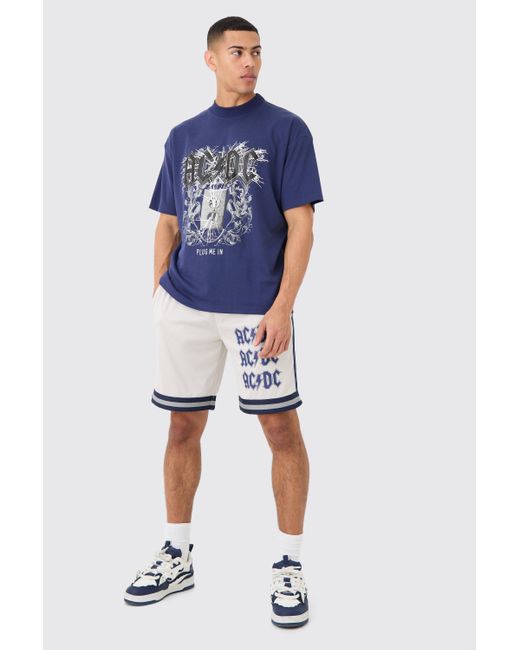 Boohoo Blue Oversized Acdc License T-shirt And Mesh Short Set