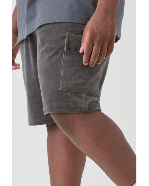 BoohooMAN Plus Elasticated Waist Velour Cargo Shorts in Gray für Herren