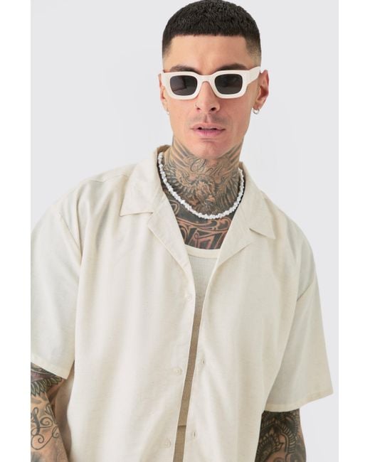 BoohooMAN Tall Linen Oversized Revere Shirt In Natural for men