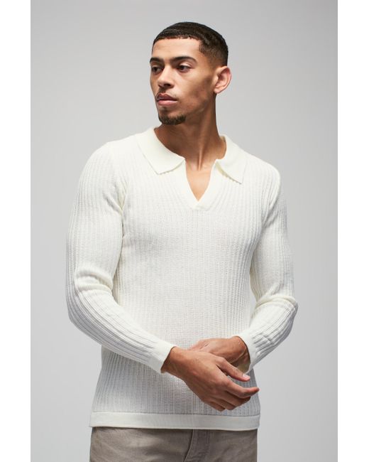 BoohooMAN White Regular Fit Ribbed V Neck Collar Knitted Polo for men