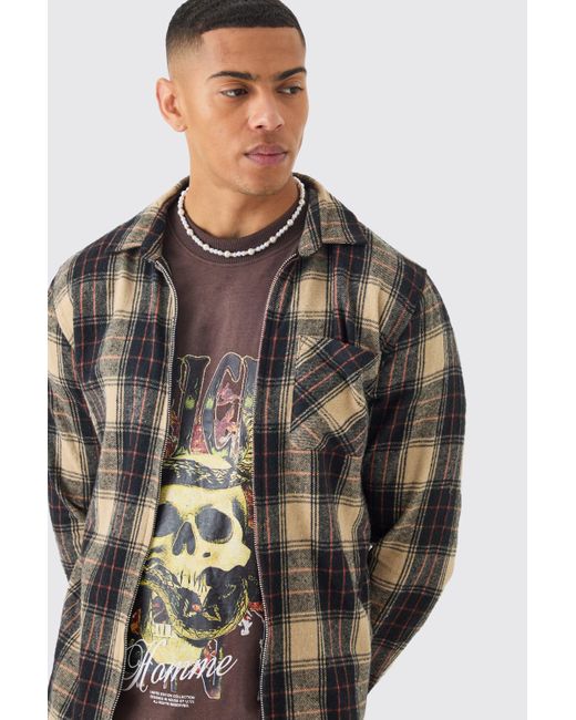 BoohooMAN Natural Zip Through Flannel Shirt for men