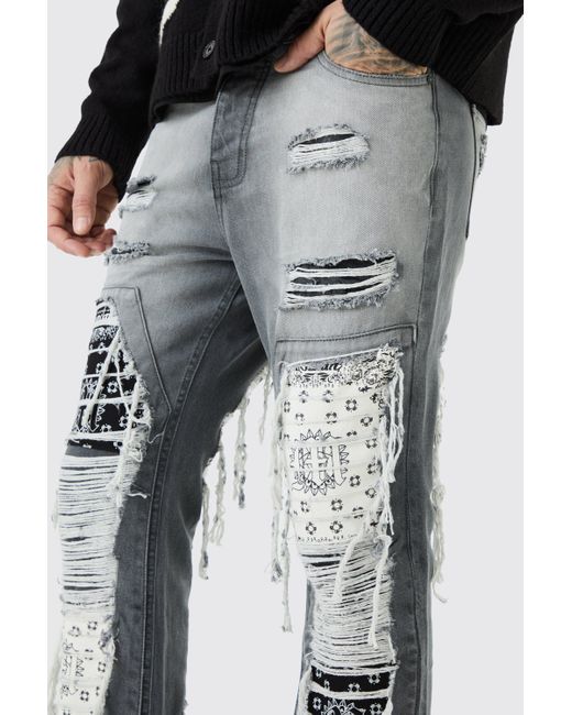 BoohooMAN Black Tall Slim Rigid Flare Rip & Repair Applique Jeans for men