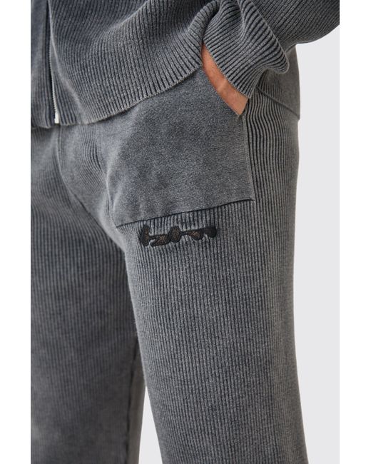 BoohooMAN Gray Regular Fit Acid Wash Ribbed Knitted Joggers for men