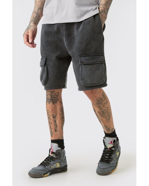 BoohooMAN Tall Loose Fit Washed Cargo Jersey Short In Black for men