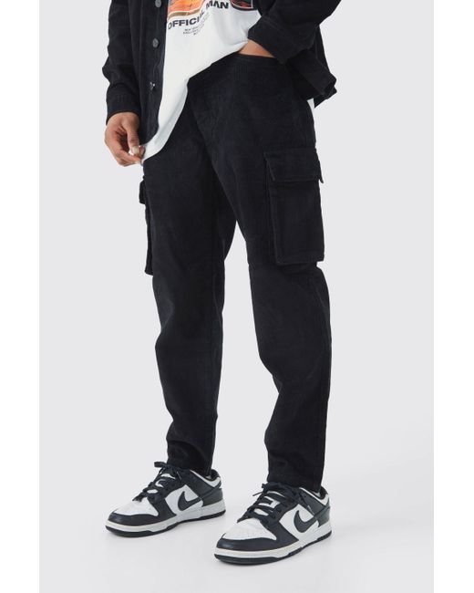 BoohooMAN Fixed Waist Relaxed Tapered Cargo Cord Trouser in Black for Men