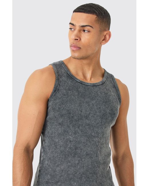BoohooMAN Gray Muscle Fit Acid Wash Ribbed Vest for men