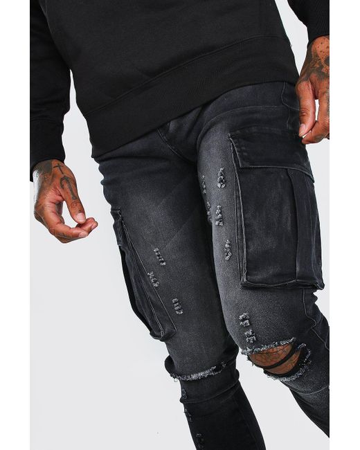 Boohoo Super Skinny Cargo Jean With Knee Rips in Black | Lyst UK