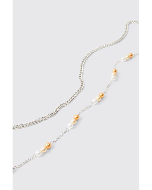 BoohooMAN White Pearl & Beaded Chain Necklace for men