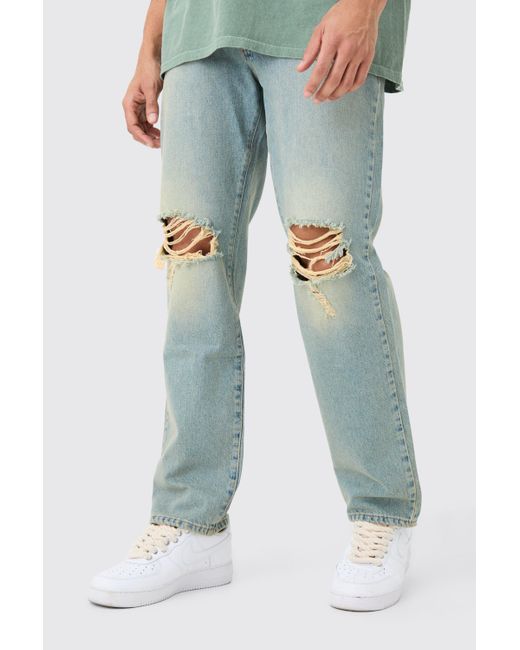 Relaxed Rigid Ripped Knee Jeans In Antique Blue Boohoo
