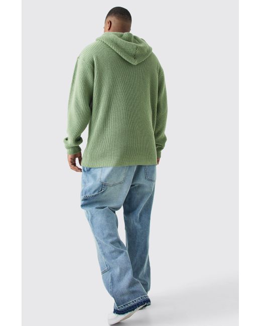 BoohooMAN Green Plus Boxy Oversized Knitted Hoodie In Sage for men