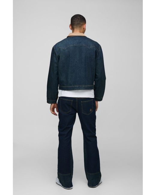 BoohooMAN Blue Oversized Boxy Trucker Denim Jacket With Cord Collar for men