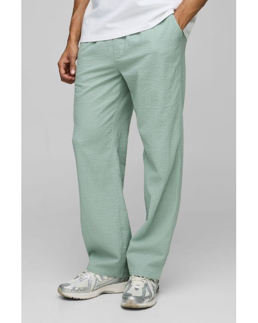 BoohooMAN Green Elasticated Relaxed Fit Plain Seersucker Trousers for men