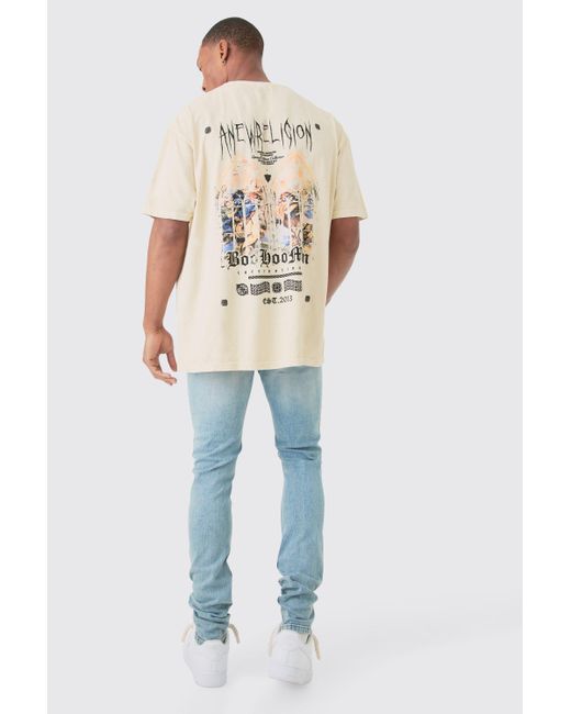 BoohooMAN Oversized Washed Anew Religion Print T-shirt in Natural für Herren