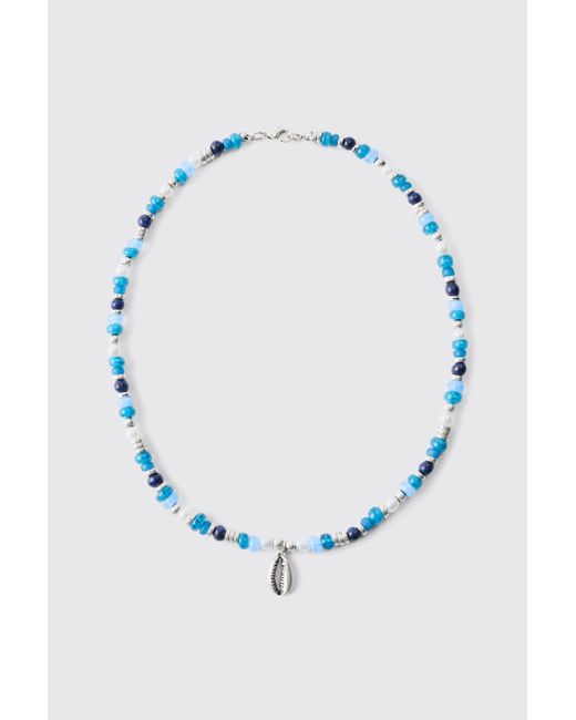 BoohooMAN Beaded Shell Necklace In Blue for men