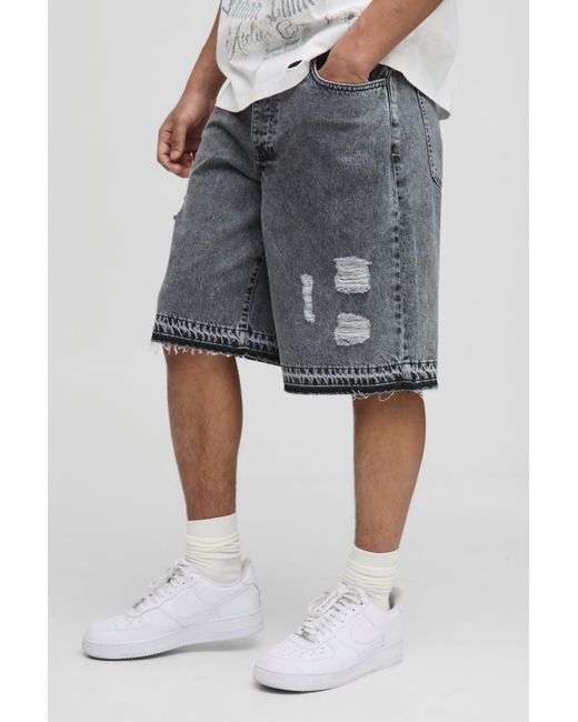 Boohoo Gray Regular Fit Ripped Jorts With Let Down Hem