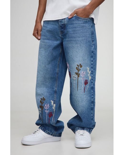 BoohooMAN Relaxed Floral Embroidery Denim Jeans in Blue for Men Lyst