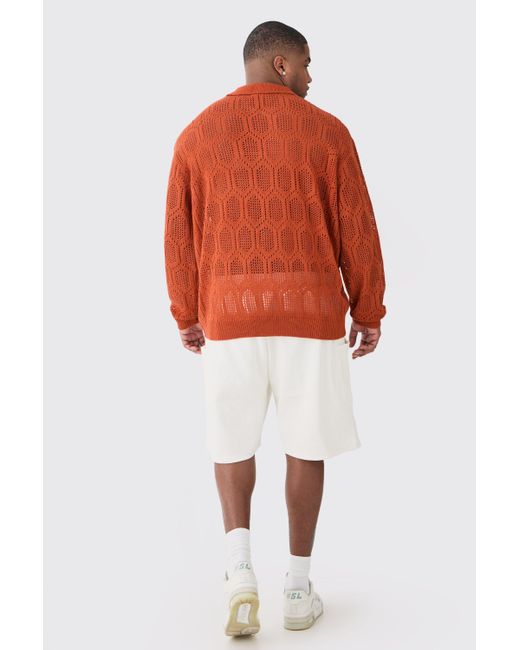 BoohooMAN Orange Plus Oversized Long Sleeve Crochet Knit Polo In Rust for men