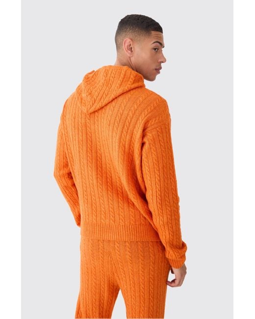 BoohooMAN Orange Boxy 00 Brushed Cable Knitted Hoodie for men