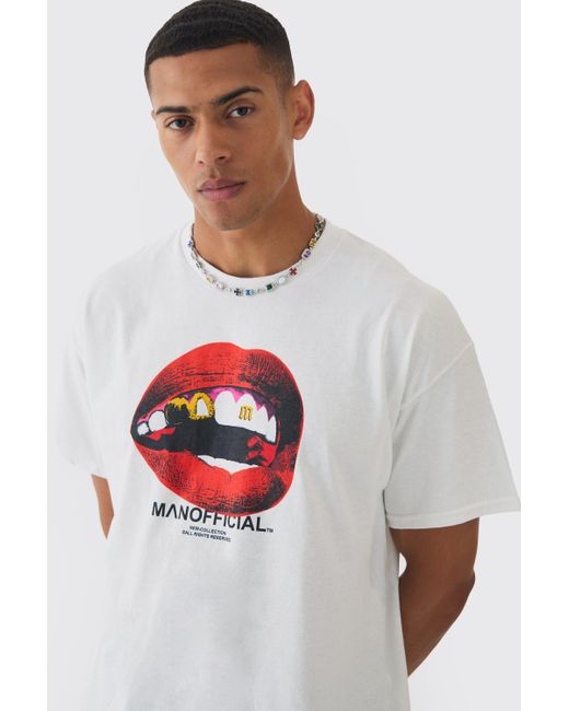 BoohooMAN White Oversized Boxy Lip Print T-Shirt for men