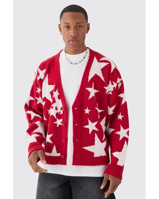 BoohooMAN Red Boxy Oversized Brushed Star All Over Jacquard Cardigan for men