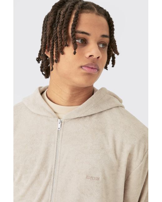 BoohooMAN Natural Oversized Boxy Zip Towelling Limited Hoodie for men