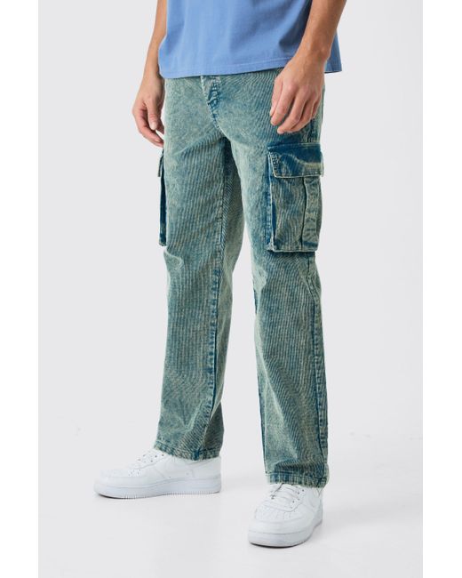 BoohooMAN Blue Relaxed Cargo Acid Wash Cord Trouser In Navy for men