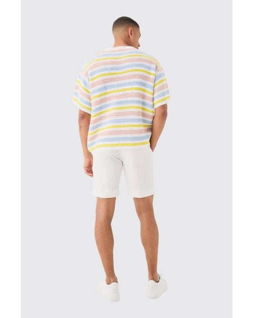BoohooMAN Oversized Stripe Knitted T-shirt In White for men