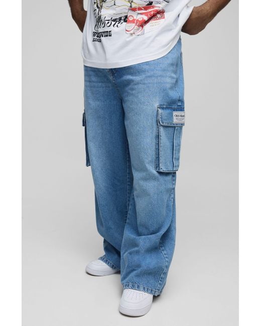 BoohooMAN Men's Blue Plus Relaxed Fit Woven Tab Cargo Jeans