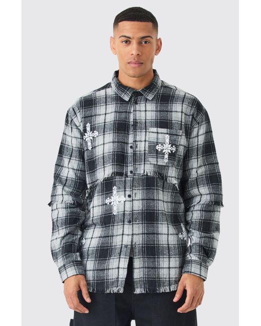 BoohooMAN Gray Oversized Layered Print Flannel Shirt for men