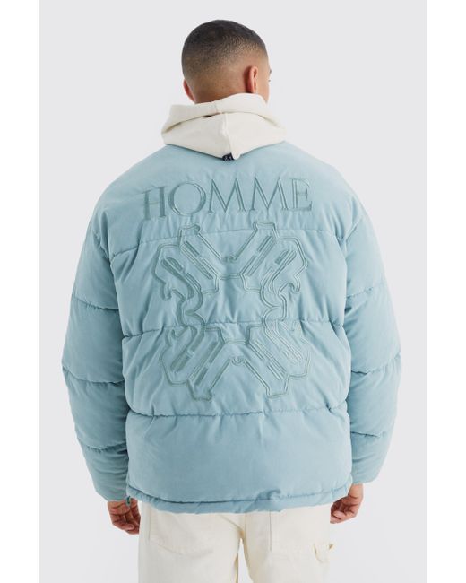 BoohooMAN Blue Oversized Peached Nylon Embroidered Puffer for men