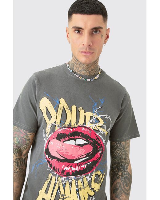 BoohooMAN Tall Pour Homme Lips T-shirt In Acid Wash in Gray für Herren
