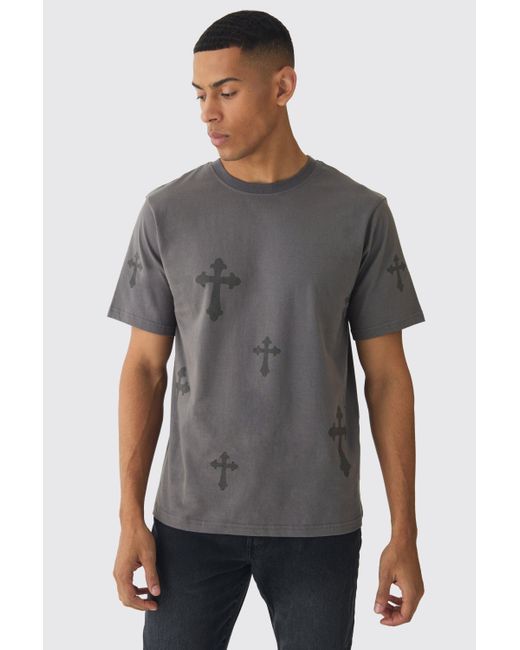 BoohooMAN Gray Regular Fit Cross Graphic T-Shirt for men