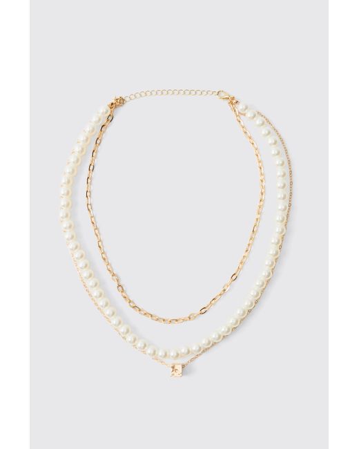 BoohooMAN White Layered And Pearl Necklace for men