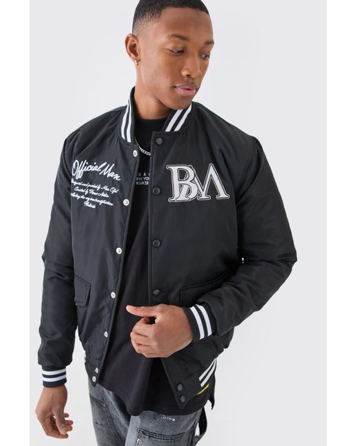 BoohooMAN Black Nylon Varsity Jacket With Badges for men