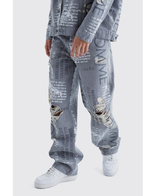 BoohooMAN Blue Baggy Rigid All Over Distressed Jeans for men